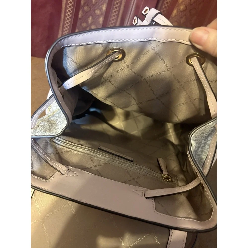 Michael Kors Abbey Medium Backpack Vanilla MK Logo Blush Pink Leather Gold Chain